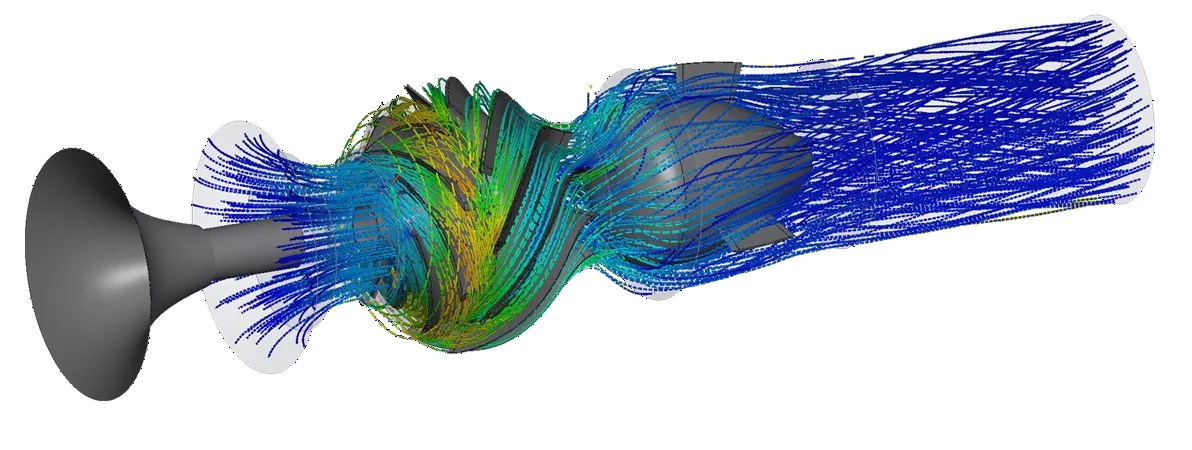 Simulación CFD de la bomba completa: líneas de corriente coloreadas por velocidad que entran por la campana de aspiración, se aceleran al pasar por el impulsor y salen por el difusor hacia la descarga.
