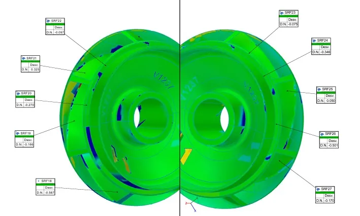 Informe de escaneado 3D de un rodete VITTA en dos vistas simétricas: la pieza en verde, coloreada según su desviación respecto al diseño, con etiquetas SRF18 a SRF27 que dan la desviación medida en cada superficie de control.